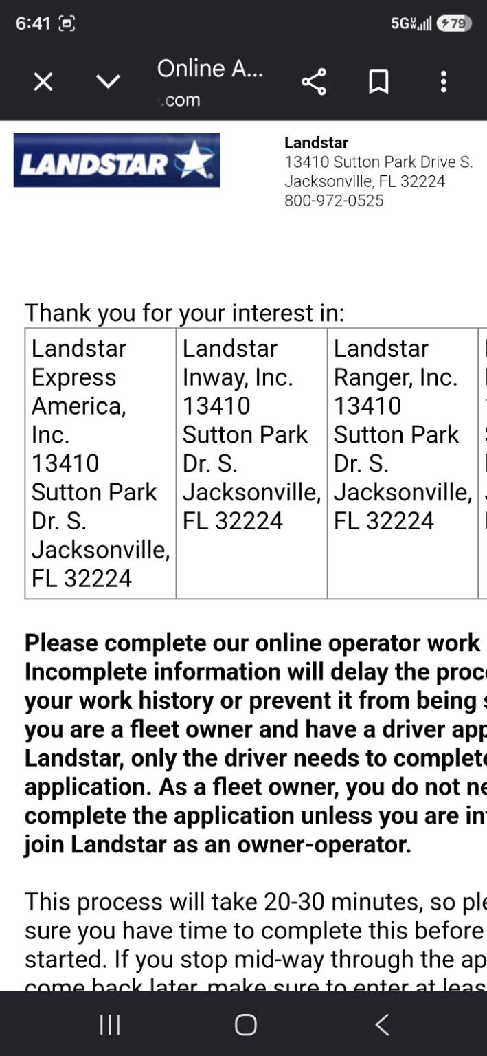 Landstar Tenstreet application landing page