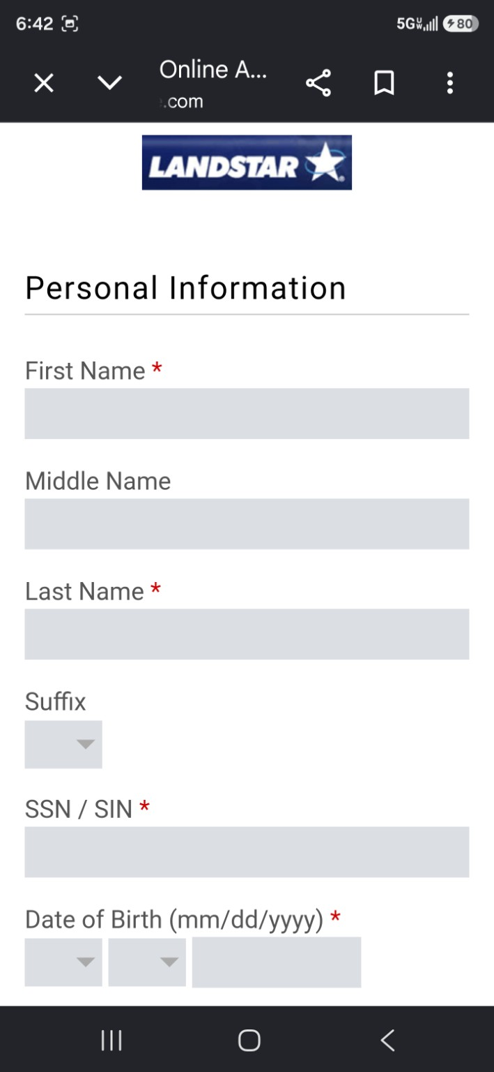 Landstar application personal information screen